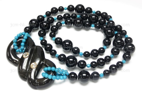 75x38mm Buffalo Horn & Onyx Turquoise & 14k Gold Necklace 30" [z7739]