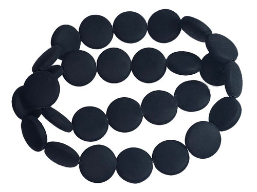 14mm Matte Black Onyx Puff Coin Beads 15.5" [u82m]