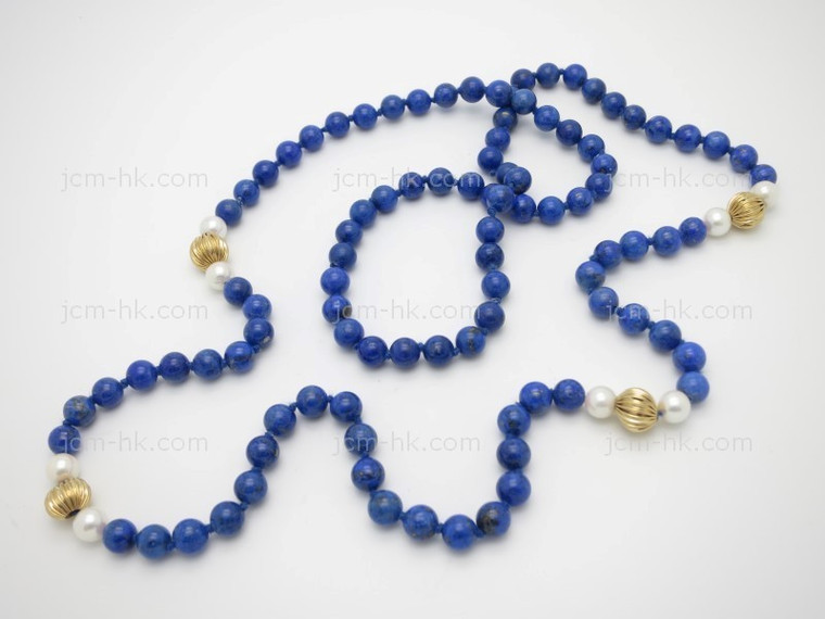 4mm Lapis Lazuli, Pearl & 14k 585 Gold Beads Necklace 30" [e3143]