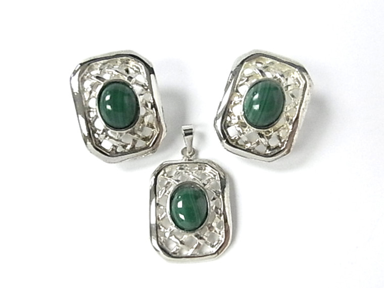 925 Sterling Silver 18x25mm A Grade Green Malachite Pendant & Earring [e1157]
