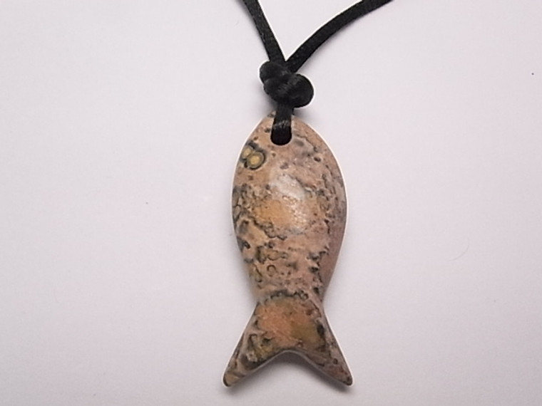 46mm Picture Jasper Fish With Cord Necklace 36" [e409]