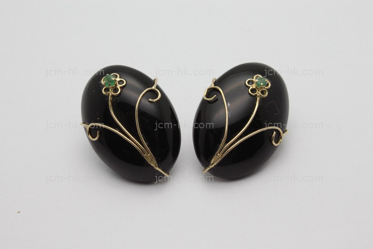 18x25mm Black Onyx & Emerald Earring With 14k 585 Gold Setting [e3221]