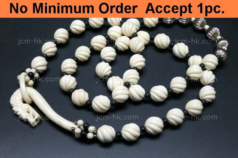 12mm Buffalo Bone Beads with Fine Carved Drogon Clasp Necklace 30" [z7746]