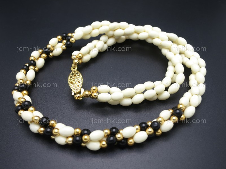 4x6mm 3-row Buffalo Bone & Black Onyx Necklace 16" [z8237]