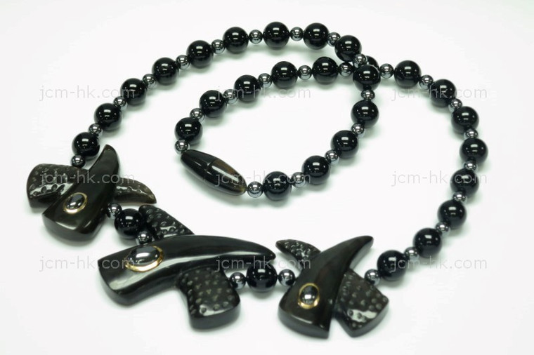 100x30mm Buffalo Horn & Onyx with 14k 585 Gold Necklace 18" [z7682]