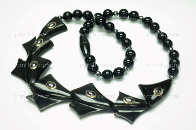 60x55mm Buffalo Horn & Onyx & Hematite with 14k 585 Gold Necklace 18" [z7684]