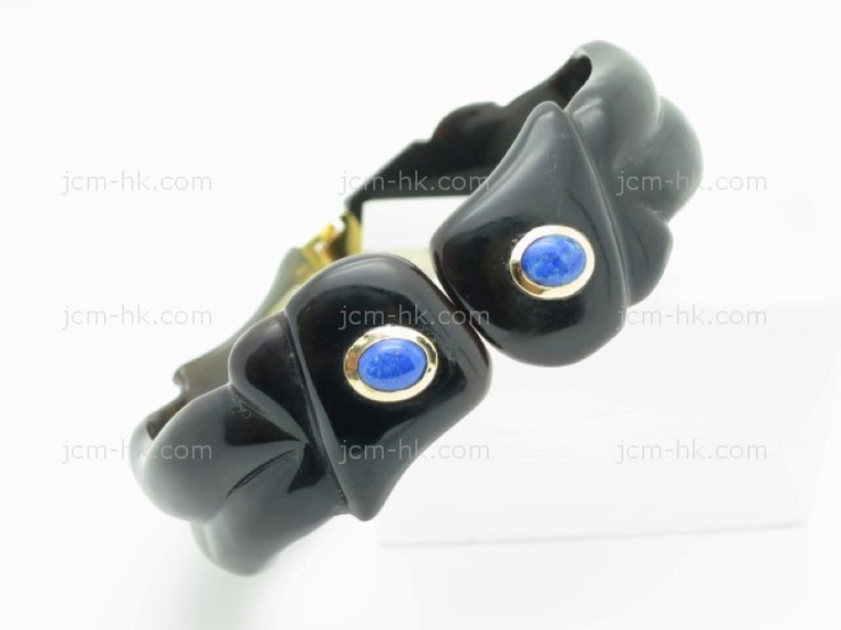 25mm Free Size Buffalo Horn Bangle & 14k 585 Gold & Lapis [z7928]