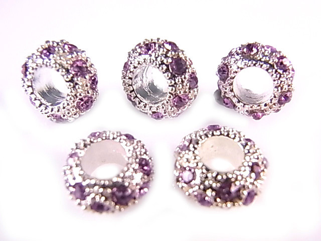 10x6mm Purple Crystal Euro Beads Zinc Silver 5mm Hole 5pcs. [y238e]