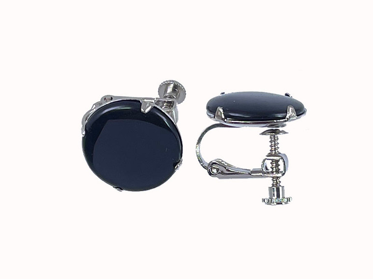 16mm Black Onyx Screw Clip On Silver Plated Earring [y301b-b65]
