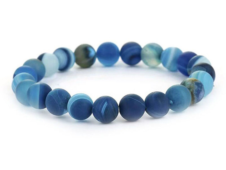10mm Matte Blue Banded Agate Elastic Bracelet 7.5" dyed [b4f22m]