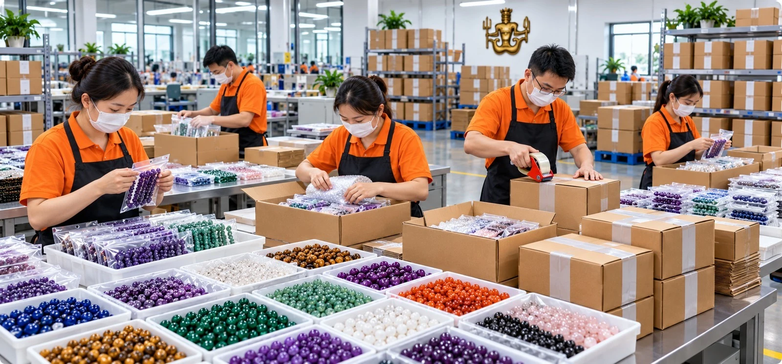 AI-generated illustration of five masked workers in orange uniforms packing small round gemstone beads among cartons in a factory