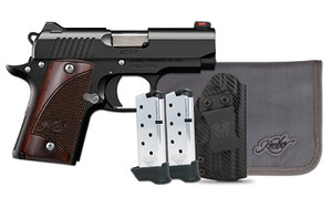 Kimber America, Micro 9 RTC, 1911, Semi-automatic, 9MM, Metal Frame Pistol, 3.15" Barrel, KimPro II Finish, Black, Rosewood Grips, Fiber Optic Front Sight, Thumb Safety, 7 Rounds, 2 Magazines, Includes Tactical Qualifier Ambidextrous Holster
