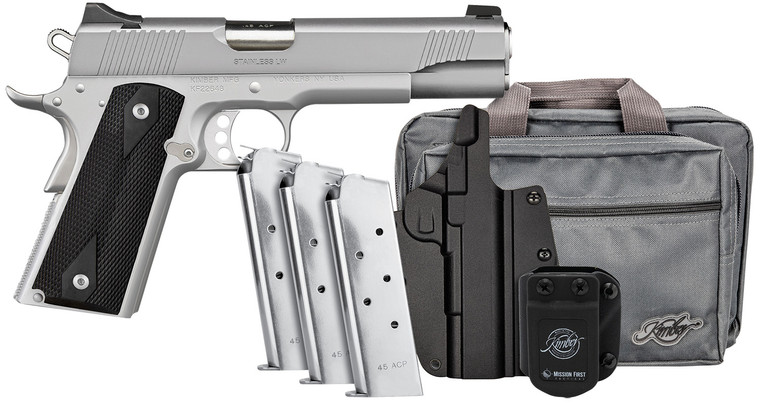 Kimber Mfg, Inc Stainless LW Club Bundle Full Size Frame 45 ACP 7+1 5" Stainless Match Grade Barrel, Serrated Stainless Steel Slide, Stainless Aluminum Frame w/Beavertail, Black Textured Grip