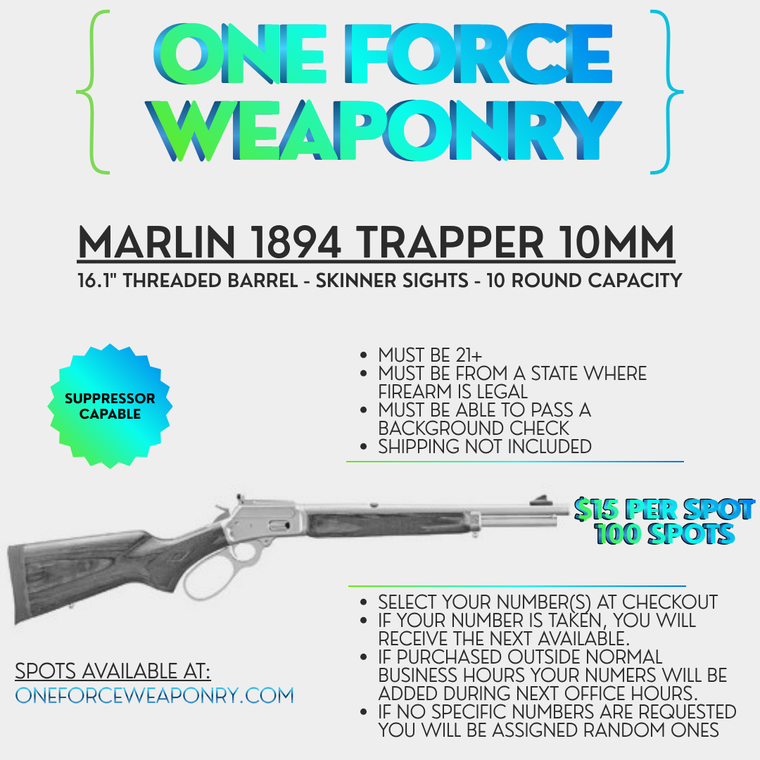 WAFFLE (Raffle) Marlin Firearms, 1894 Trapper, Lever Action Rifle, 10MM, 16.1