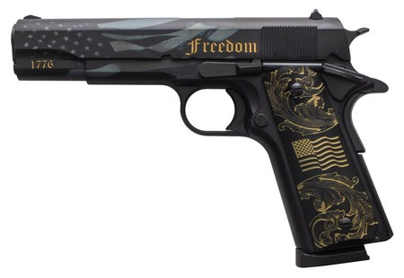 Tisas Arms  1911 America's 250th Full Size 45 ACP 7+1 5" Stainless Barrel, Black w/Gold Engraving Steel Serrated Slide, Black w/Gold Engraving Steel Frame w/Beavertail, Black w/Gold Accents Grip