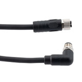 M12 4 Position IP67 L-Code Pigtail Cable Assembly, Unshielded 16AWG PUR Jacket, Right Angle Male to Female, Black 1m