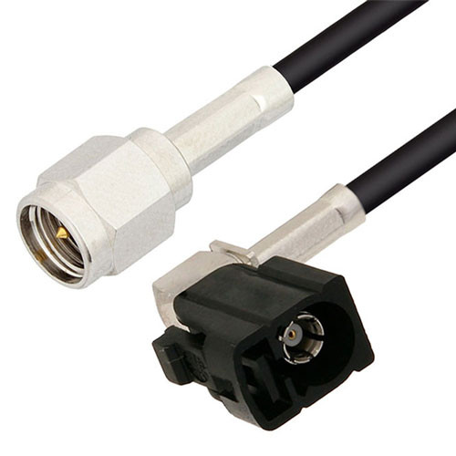 Black FAKRA Jack Right Angle to SMA Male Cable Assembly using RG174 Coax, 1 FT
