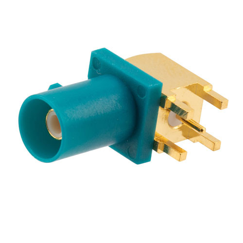 RF PCB Connector, FAKRA Male right angle, Edge Mount, Surface Mount, End Launch, Water Blue
