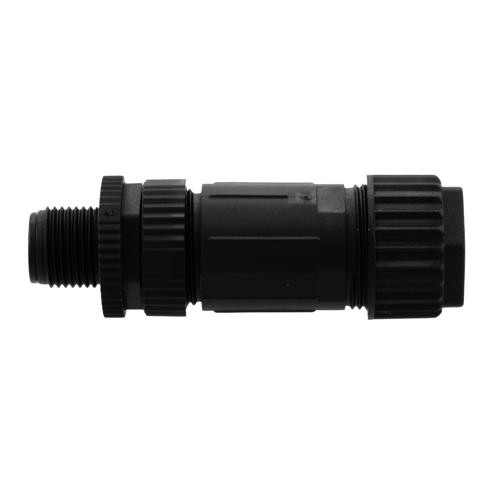 M12 DC Power 4 Pin T-Code Male Field Termination Connector, IP67, Plastic Nut, Fits 16-20AWG and 8-10mm Cable, 60V, 12A, Screw-In, Black