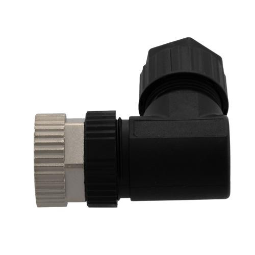 M12 Sensor 5 Pin B-Code Right Angle Female Field Termination Connector, IP67, Fits 18-26AWG and 4-7mm Cable, 60V, 4A, Screw-In Style, Black