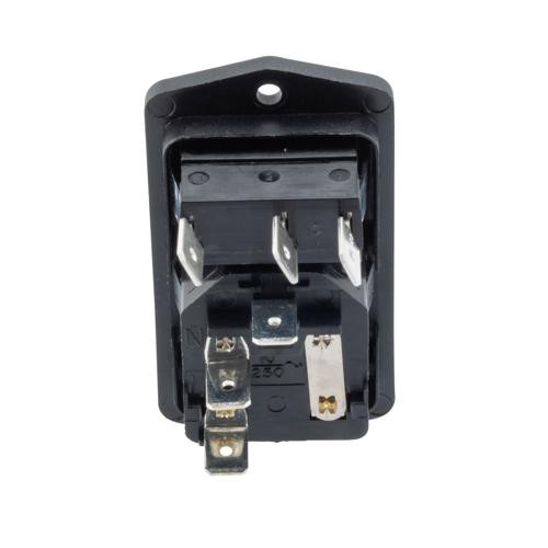 AC PEM C14, 1.0 to 3.0mm Horizontal Panel Snap-In, 6.3mm Quick-connect, Single Illuminated Switch Fuseholder