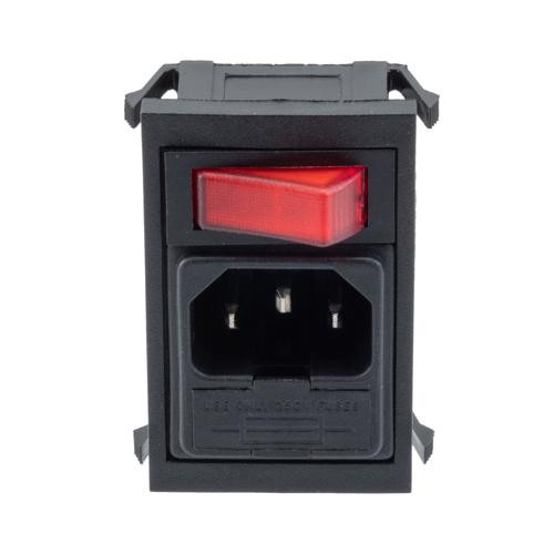 AC PEM C14, 1.0 to 3.0mm Vertical Panel Snap-In, 6.3mm Quick-connect, Single Illuminated Switch Fuseholder