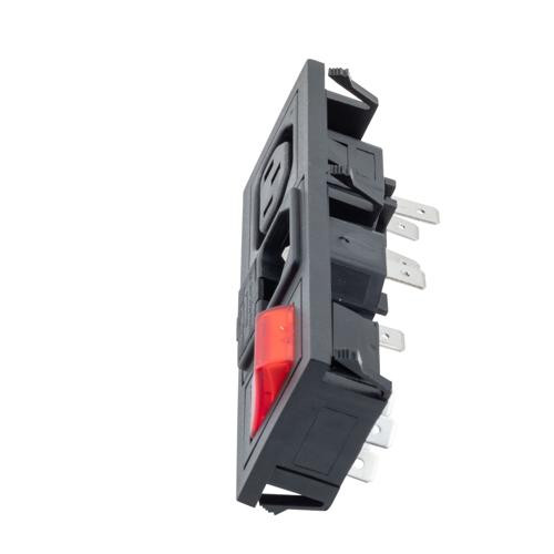 Horizontal Power Entry Module, C14 Inlet, Non-Shuttered Sheet F Outlet, Double Contact Illuminated Red Switch