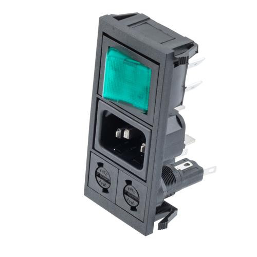 Vertical Power Entry Module, C14 Inlet, Paired FX0359 fuse Holders, VS0001 Voltage Selector, Double Contact Illuminated Green Switch, 78.7mm