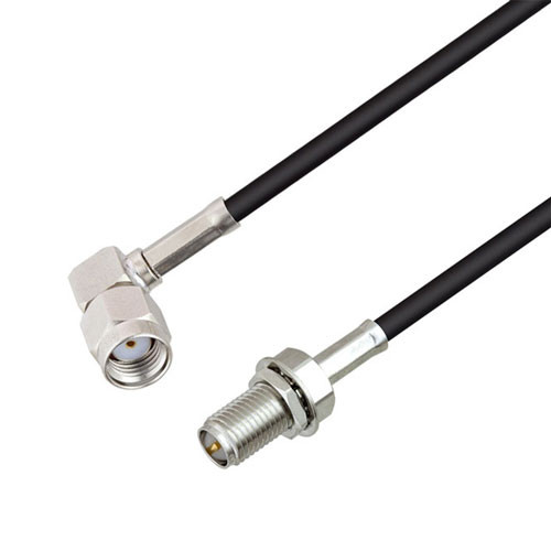 Reverse Polarity SMA Plug Right Angle to Reverse Polarity SMA Jack Bulkhead Cable Assembly using RG174 Coax, 6 FT with HeatShrink