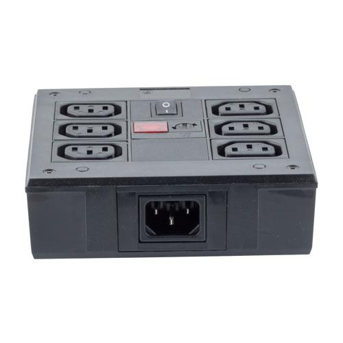 Square Power Distribution Unit with a Neon Indicator, 5mm x 20mm Fuse Holder, 6 C13 Shuttered Outlets, On/Off Switch