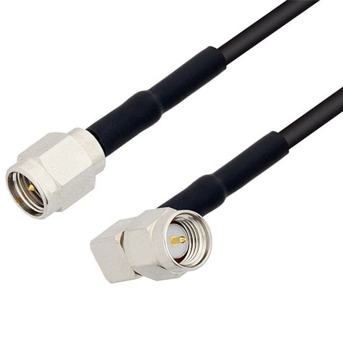 Flexible SMA Male to SMA Male Right Angle Cable Assembly using RG174 Coax, 2 FT with HeatShrink, LF Solder