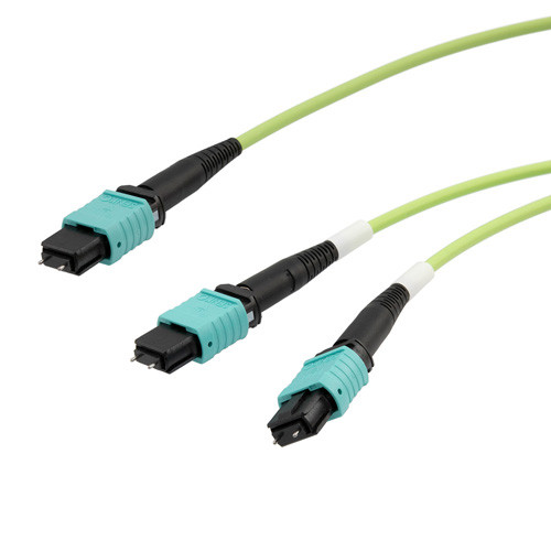 MPO24 w/ pins to 2xMPO12 w/ pins, OM5 50/125um Multimode, LSZH Jacket, Lime Green, 3 meter