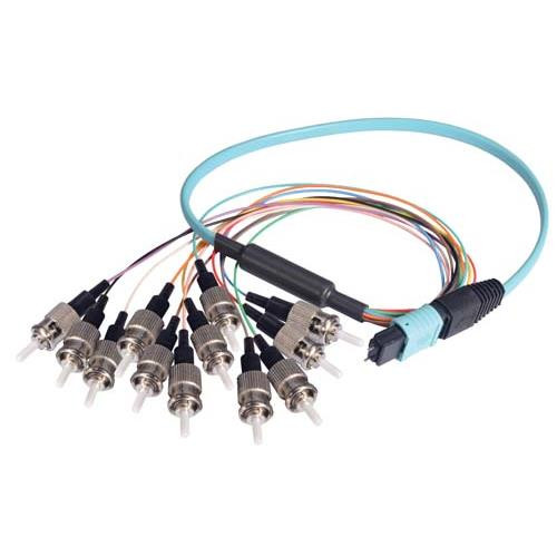 MPO Male to 12x ST Fan-out, 12 Fiber Ribbon, OM4 100G 50/125 Multimode, LSZH Jacket, Aqua, 10.0m