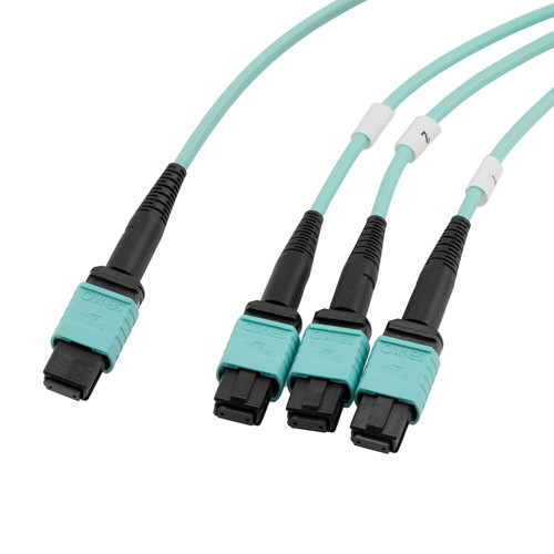 MPO24 no pins to 3xMPO8 no pins, OM3 50/125um Multimode, ONFR Jacket, Aqua, 5 meter