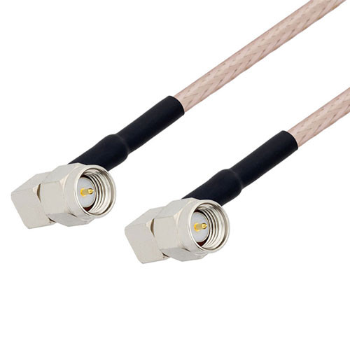 SMA Male Right Angle to SMA Male Right Angle Cable Assembly using RG316-DS Coax, 1 FT with HeatShrink and 180 Deg. Clock, LF Solder
