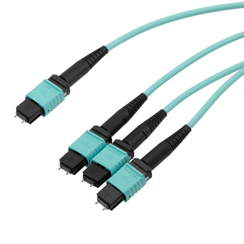 MPO24 w/ pins to 3xMPO8 w/ pins, OM4 50/125um Multimode, ONFR Jacket, Aqua, 10 meter