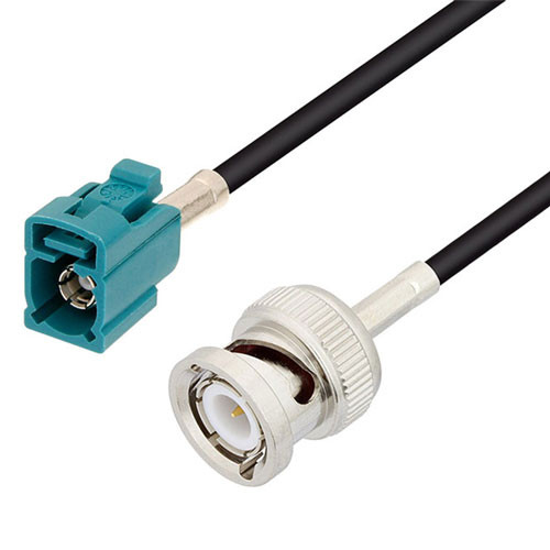 Water Blue FAKRA Jack to BNC Male Cable Assembly using RG174 Coax, 2 FT