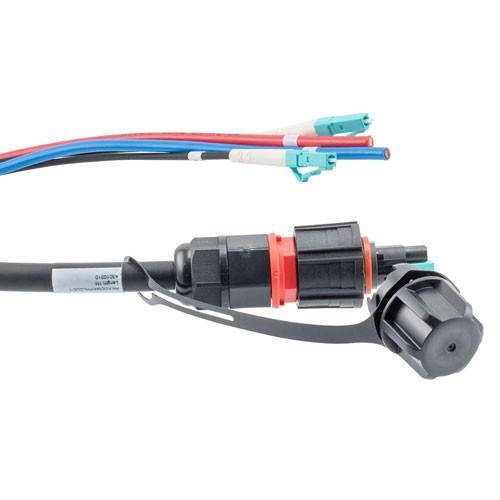 Fiber optic, IP68 Hybrid LC/UPC (2x 12AWG pin contacts) to 2x LC/UPC, OM4, 10.5mm LSZH, 1 meter breakout cable assembly
