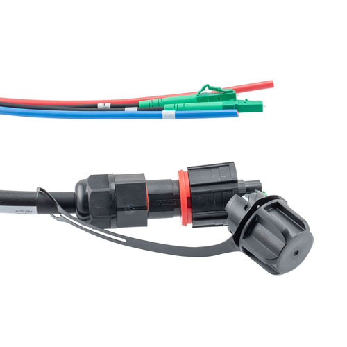 Fiber optic, IP68 Hybrid LC/APC (2x 12AWG pin contacts) to 2x LC/APC, single mode, 10.5mm LSZH, 1 meter breakout cable assembly