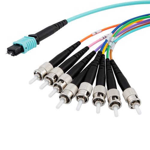 MPO w/ pins to ST Fan-out, 8 fiber round,OM4 50/125um Multimode, OFNR Jacket, Aqua, 0.5 meter