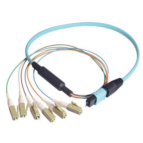 MPO Male to 6x LC Fan-out, 6 Fiber Ribbon, OM3 10G 50/125 Multimode, OFNR Jacket, Aqua, 1.0m