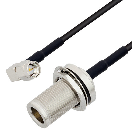 Low Loss SMA Male Right Angle to N Female Bulkhead Cable Assembly using 100 Series Coax, 1 FT
