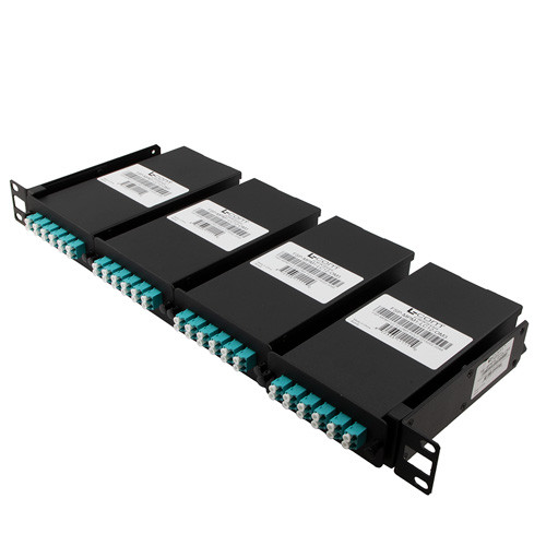 MPO male w/ pins pullable rack mount chassis with 4 LGX cassettes, 48 LC Multimode fiber OM3