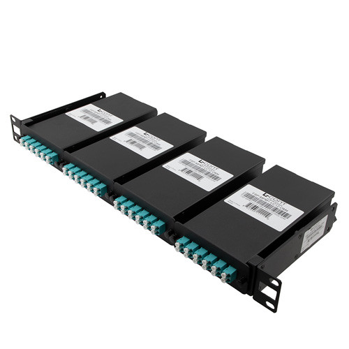 MPO male w/ pins pullable rack mount chassis with 4 LGX cassettes, 48 LC Multimode fiber OM4