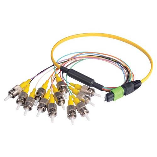 MPO Male to 12x ST Fan-out, 12 Fiber Ribbon, 9/125 Singlemode, OFNR Jacket, Yellow, 1.0m