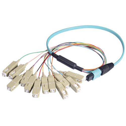 MPO Male to 12x SC Fan-out, 12 Fiber Ribbon, OM4 100G 50/125 Multimode, LSZH Jacket, Aqua, 1.0m