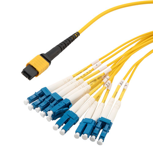 MPO w/ pins to LC fan-out, 2.0mm diameter, 12 fiber, OS2 9/125um Single Mode, OFNP Jacket, Aqua, 3 meter