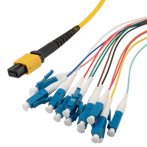 MPO w/o pins to LC fan-out, 0.9mm diameter, 12 fiber, OS2 9/125um Single Mode, OFNP Jacket, Aqua, 10 meter