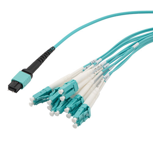 MPO w/ pins to LC fan-out, 2.0mm diameter, 12 fiber, OM3 50/125um Multimode, OFNP Jacket, Aqua, 3 meter