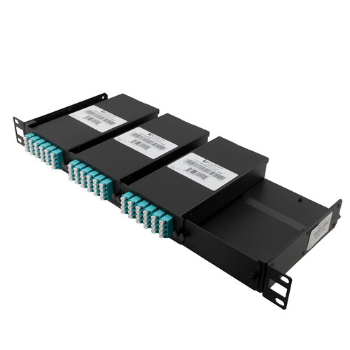 MPO male w/ pins pullable rack mount chassis with 3 LGX cassettes, 72 LC Multimode fiber OM3